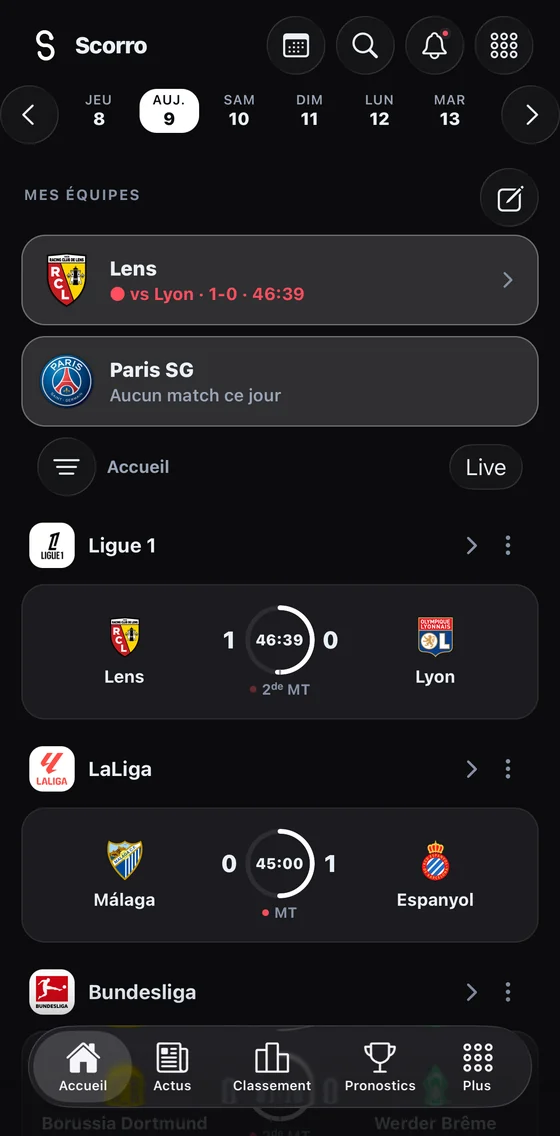 L’écran d’accueil de Scorro : Lens–Lyon et Málaga–Espanyol en direct