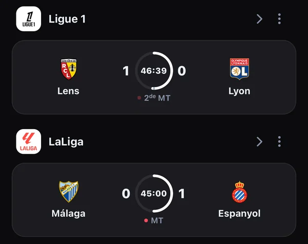 Deux matchs en direct dans Scorro : Lens 1–0 Lyon à 46:39, Málaga 0–1 Espanyol à la mi-temps